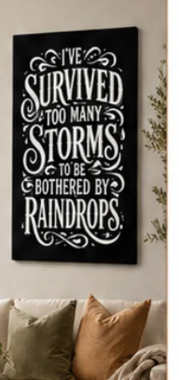 The design in white on a black wrapped canvas hanging above a sofa