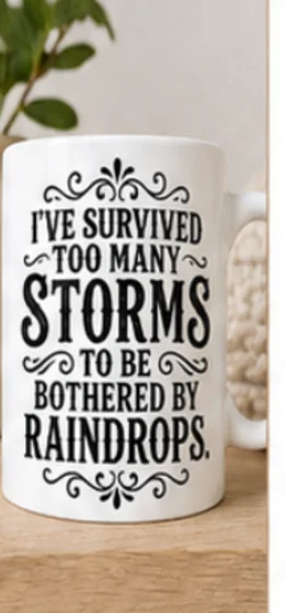 The design printed in black on a white ceramic mug on a wooden counter